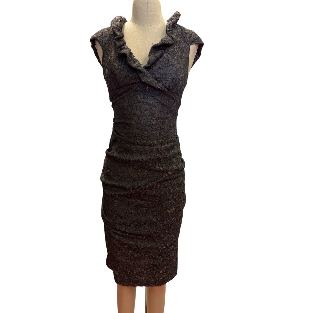 Xscape by Joanna Chen Black Lace Cap Sleeve Ruffle Collar Fitted Girls Night Out